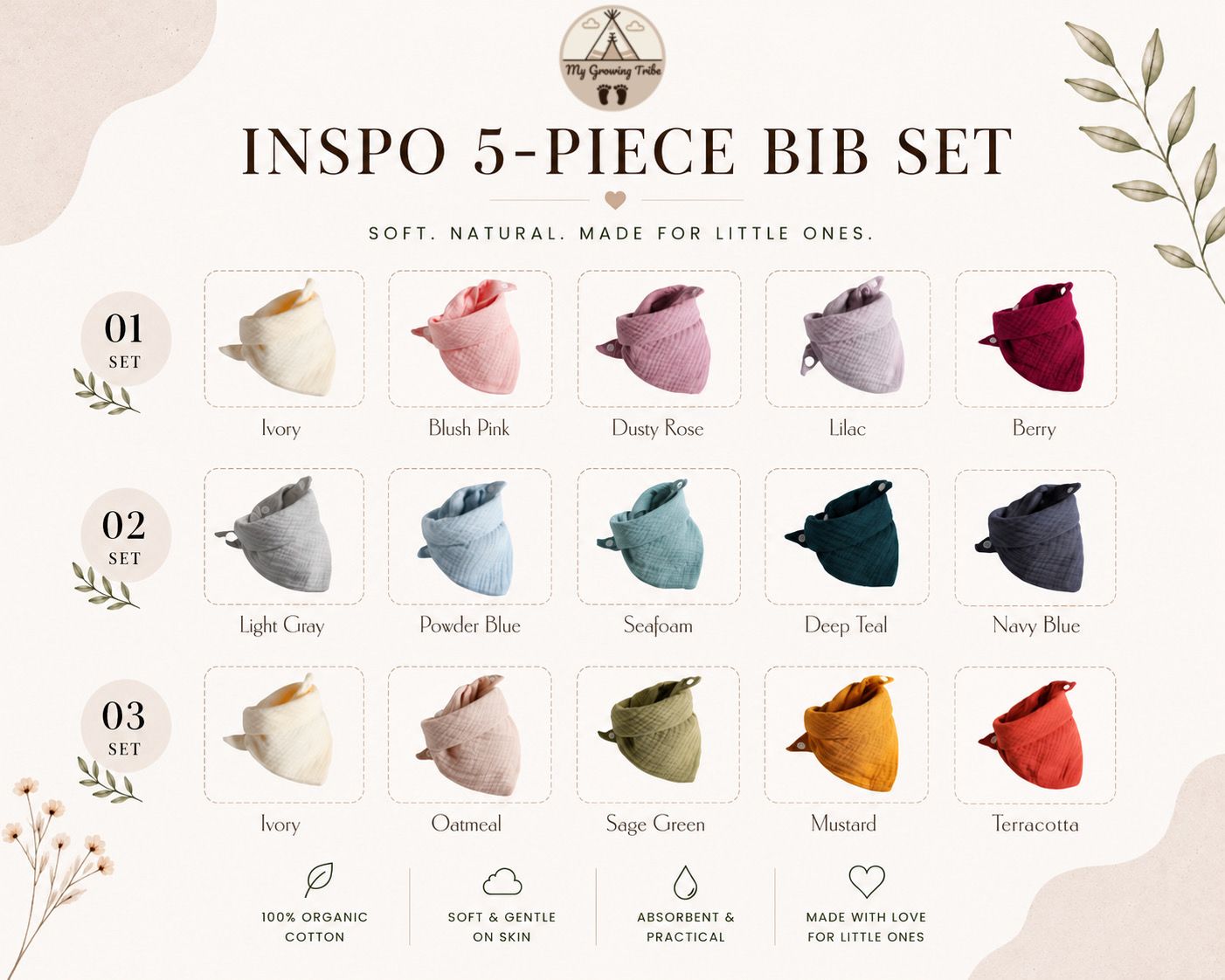 5-Piece Muslin Bandana Bib Set